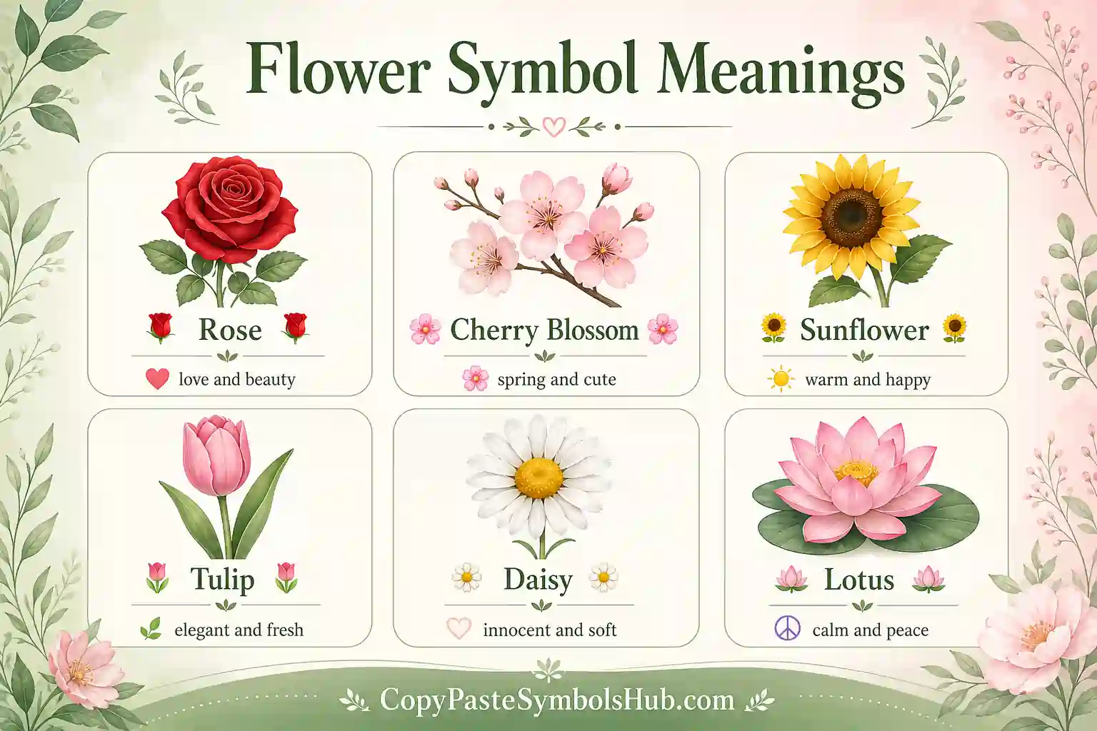Flower symbols copy and paste meanings for rose and blossom marks