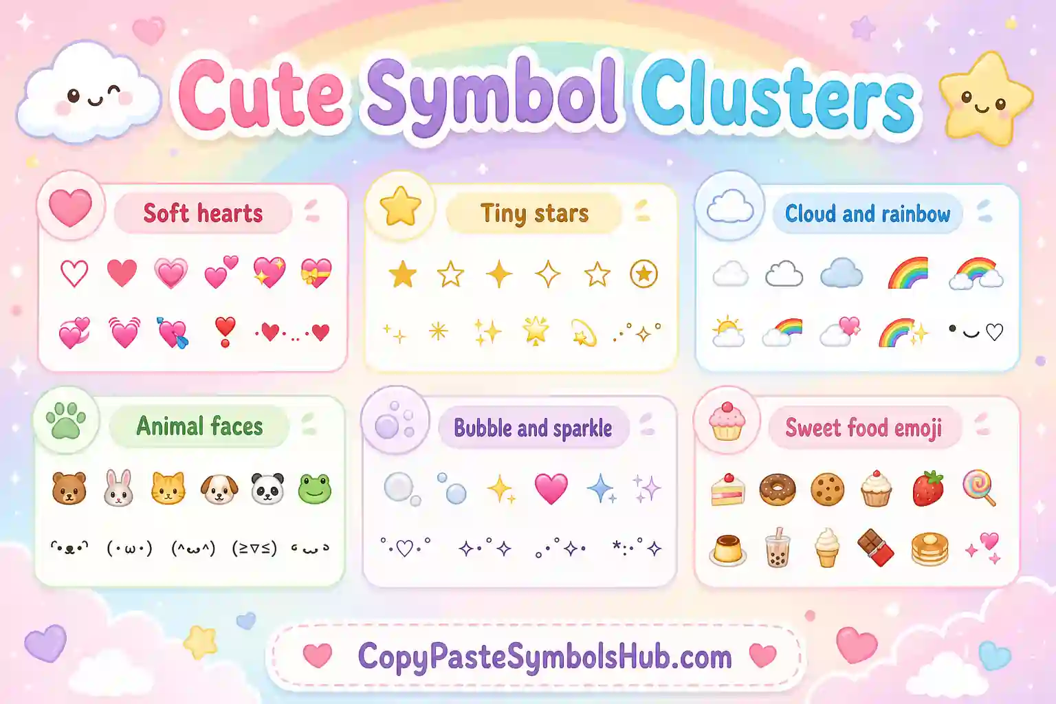 Cute symbols copy and paste clusters for hearts stars and soft marks